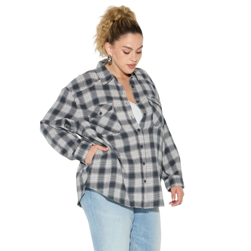 Wild Fable Womens XL Flannel Shirt Black White Plaid Oversized Tunic F00308247
